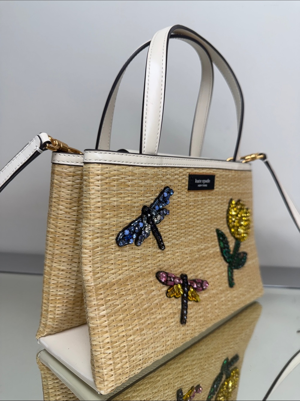 KATE SPADE Sam Icon Dragonfly Embellished Straw Small Tote Crossbody Bag Purse - Picture 9 of 17